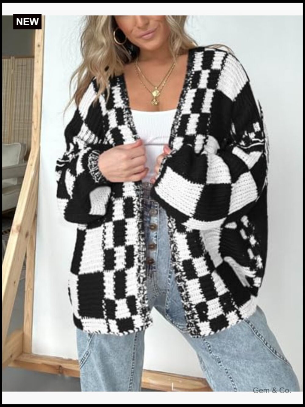 Chunky Knit Open Front Cardigan Sweater Long Sleeve Checkered Coat - Picture 2 of 7